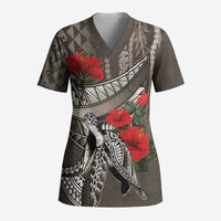 Hawaiian Honu Personalized Scrub Top Mocha Mousse Hibiscus Tribal Hook Pattern