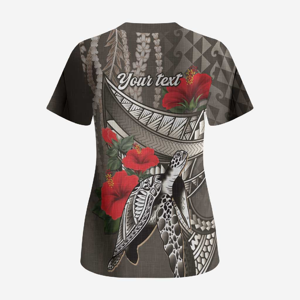 Hawaiian Honu Personalized Scrub Top Mocha Mousse Hibiscus Tribal Hook Pattern