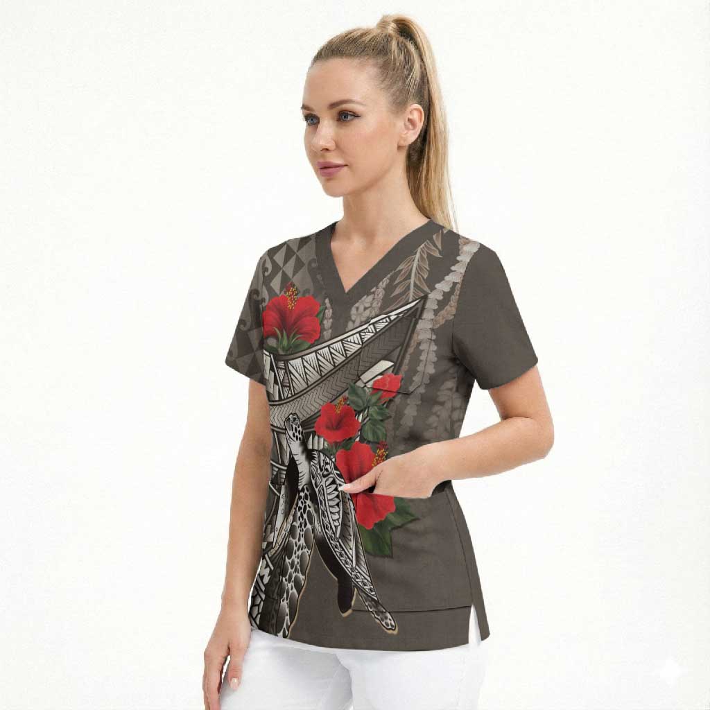 Hawaiian Honu Personalized Scrub Top Mocha Mousse Hibiscus Tribal Hook Pattern