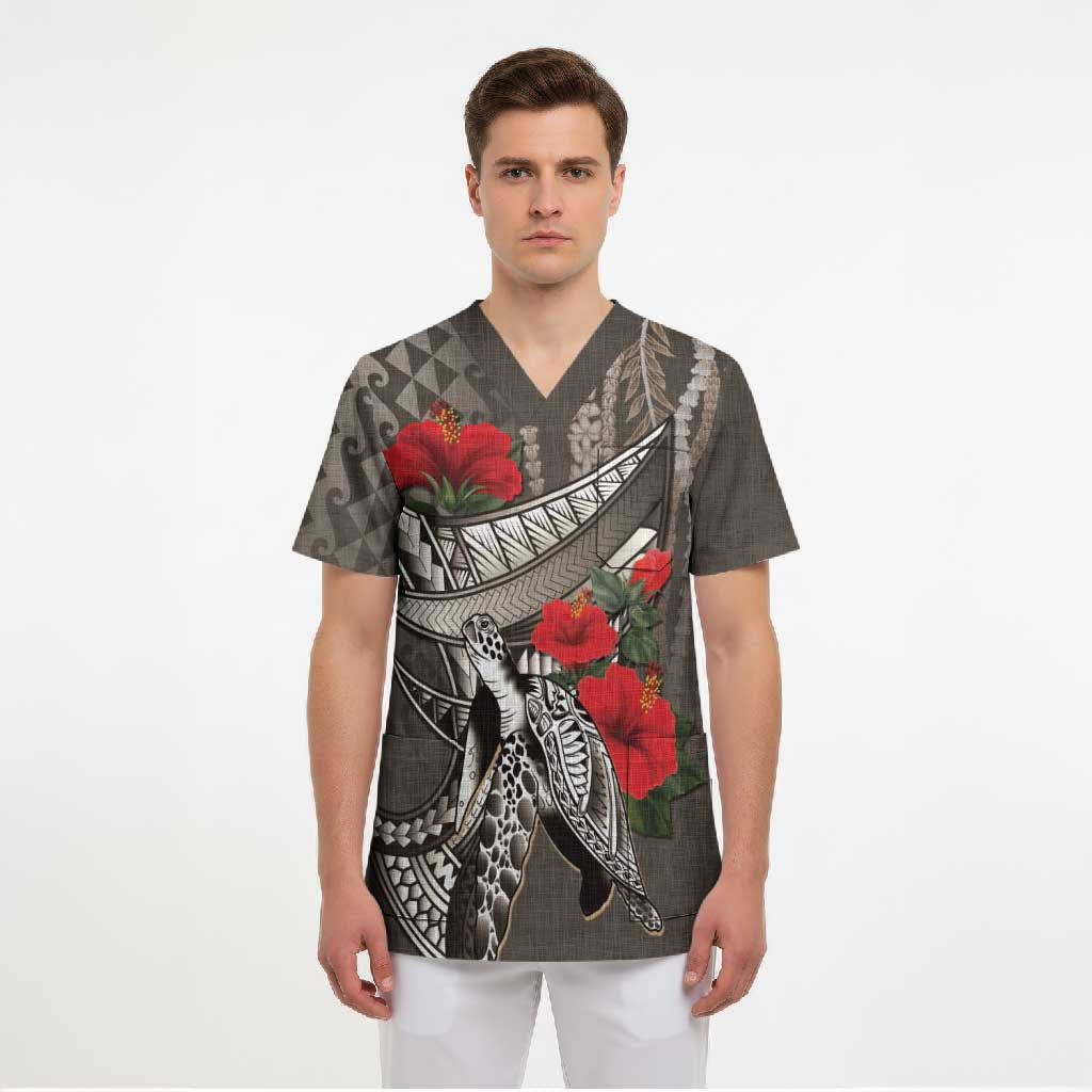 Hawaiian Honu Personalized Scrub Top Mocha Mousse Hibiscus Tribal Hook Pattern