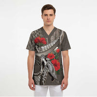 Hawaiian Honu Personalized Scrub Top Mocha Mousse Hibiscus Tribal Hook Pattern