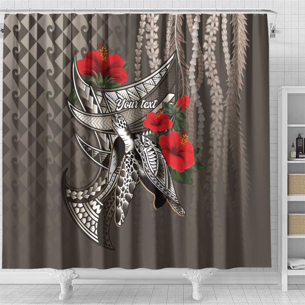 Hawaiian Honu Personalized Shower Curtain Mocha Mousse Hibiscus Tribal Hook Pattern