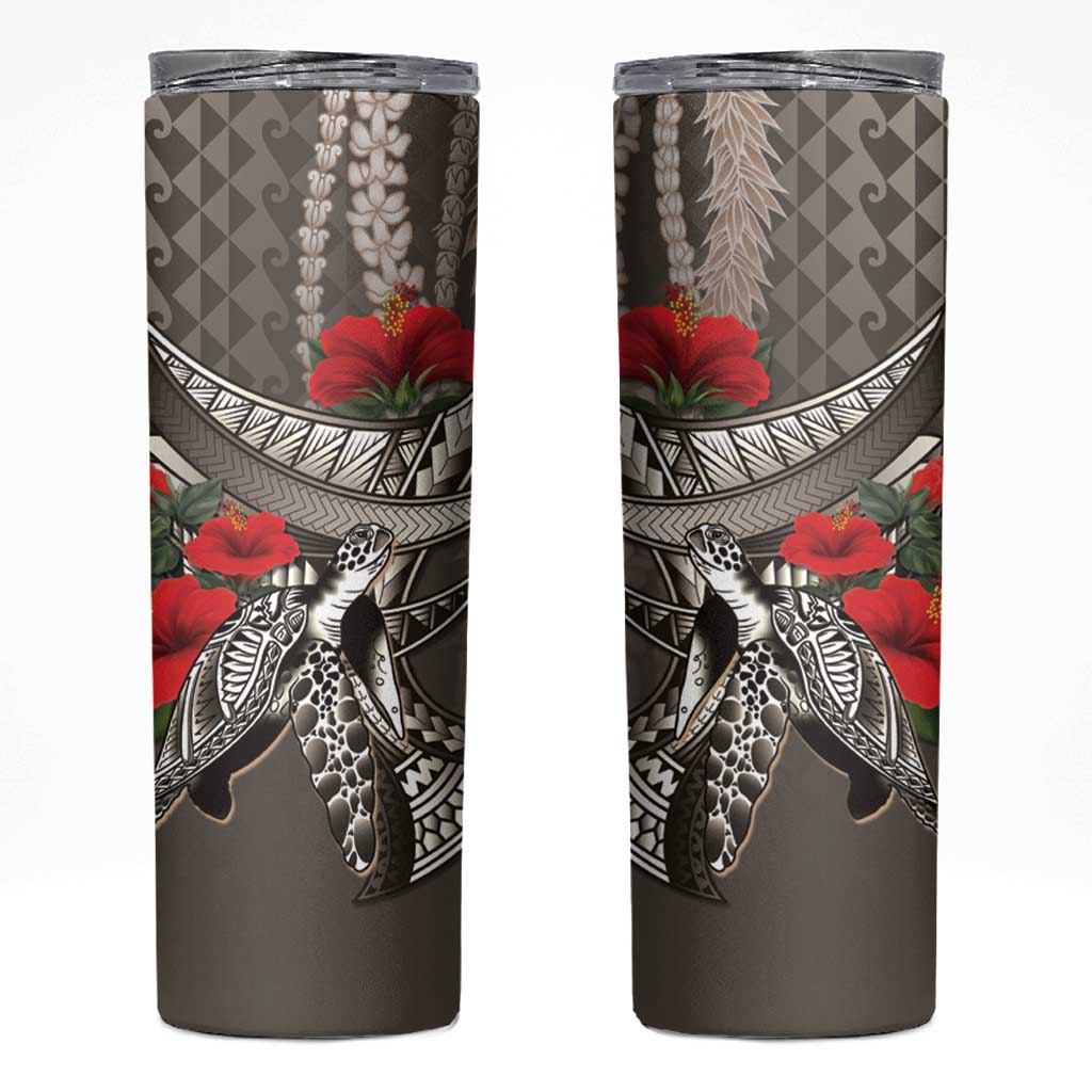 Hawaiian Honu Personalized Skinny Tumbler Mocha Mousse Hibiscus Tribal Hook Pattern