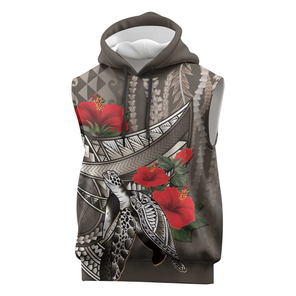 Hawaiian Honu Personalized Sleeveless Hoodie Mocha Mousse Hibiscus Tribal Hook Pattern LT9 Mocha - Polynesian Pride