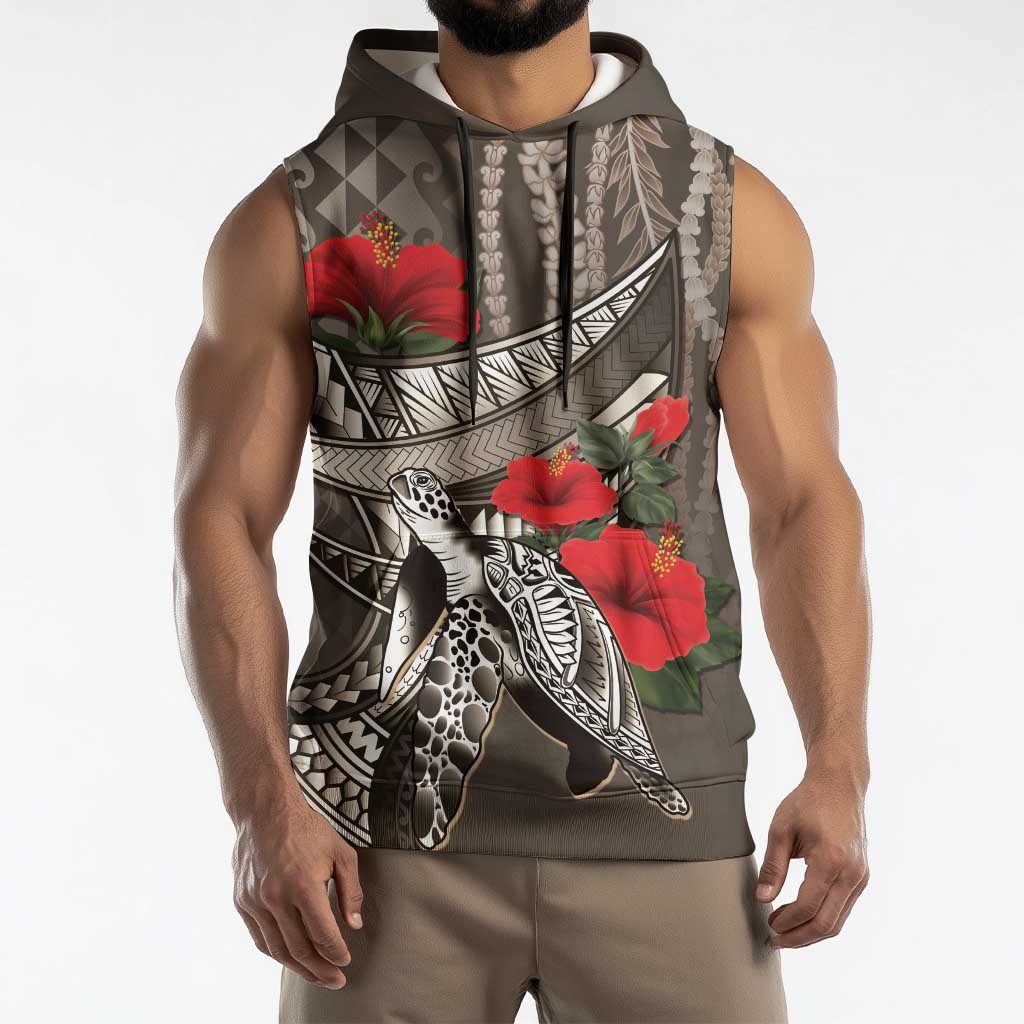 Hawaiian Honu Personalized Sleeveless Hoodie Mocha Mousse Hibiscus Tribal Hook Pattern LT9 - Polynesian Pride