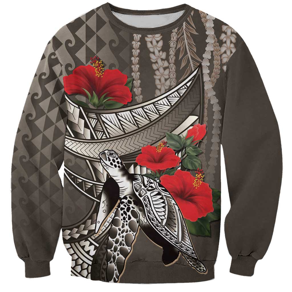 Hawaiian Honu Personalized Sweatshirt Mocha Mousse Hibiscus Tribal Hook Pattern