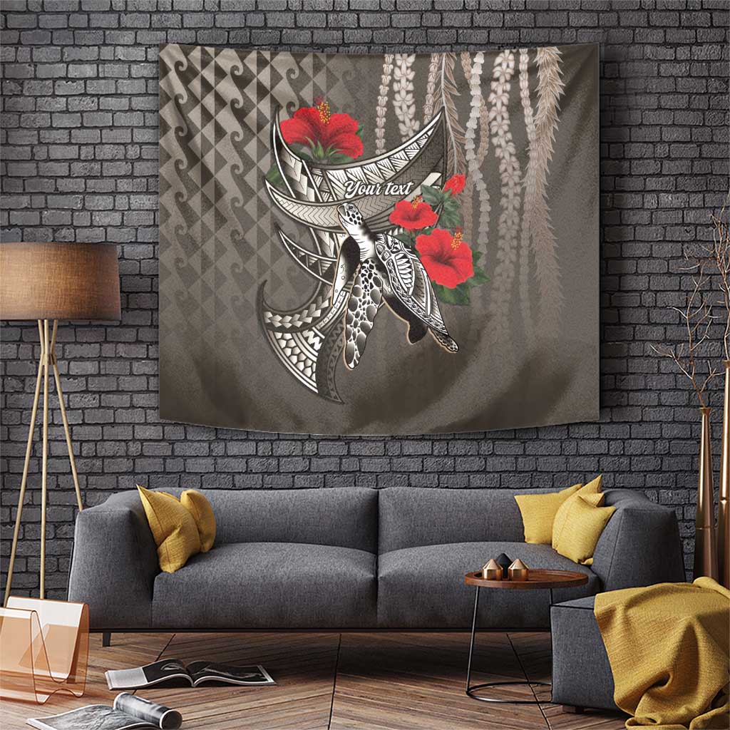 Hawaiian Honu Personalized Tapestry Mocha Mousse Hibiscus Tribal Hook Pattern