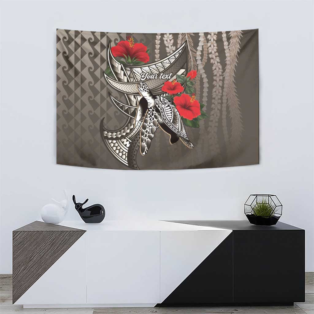 Hawaiian Honu Personalized Tapestry Mocha Mousse Hibiscus Tribal Hook Pattern
