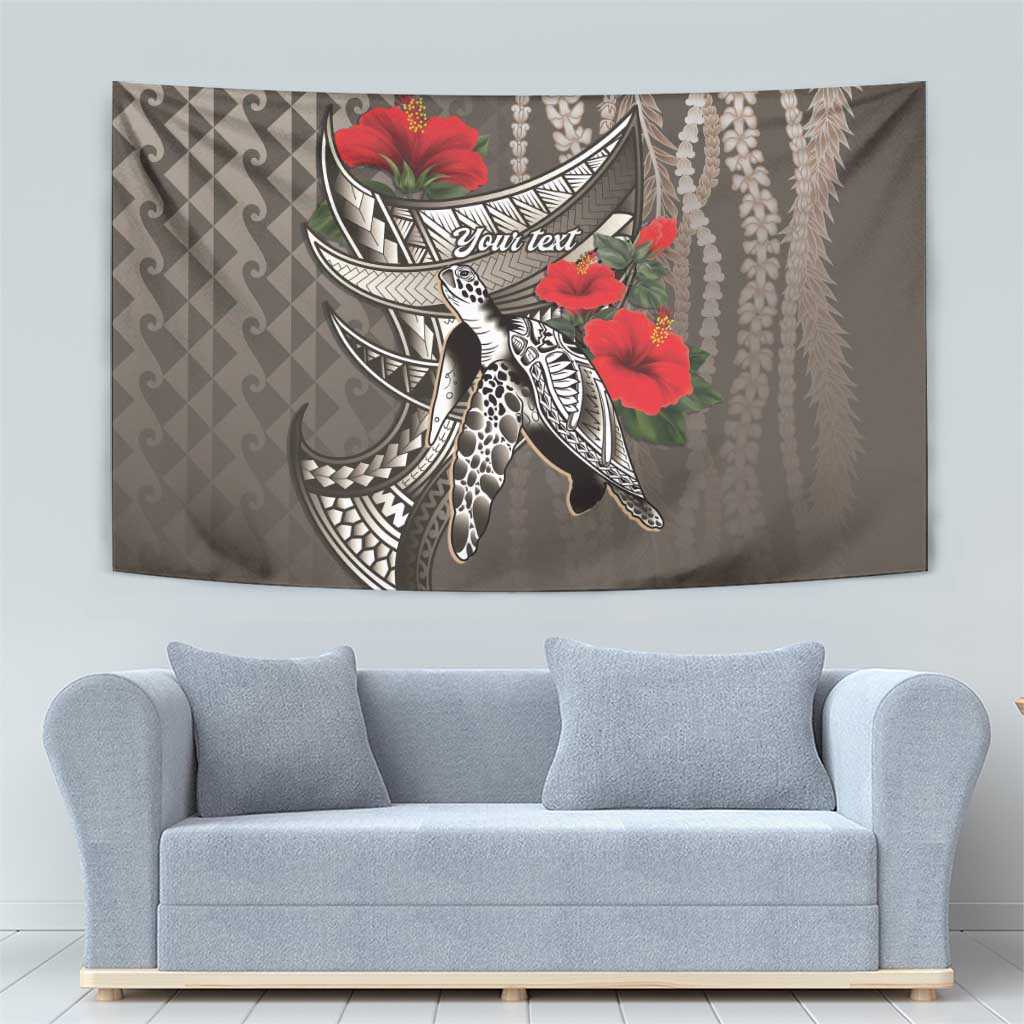 Hawaiian Honu Personalized Tapestry Mocha Mousse Hibiscus Tribal Hook Pattern