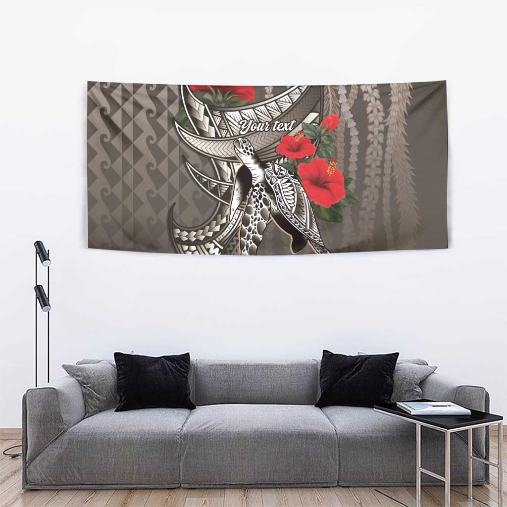 Hawaiian Honu Personalized Tapestry Mocha Mousse Hibiscus Tribal Hook Pattern
