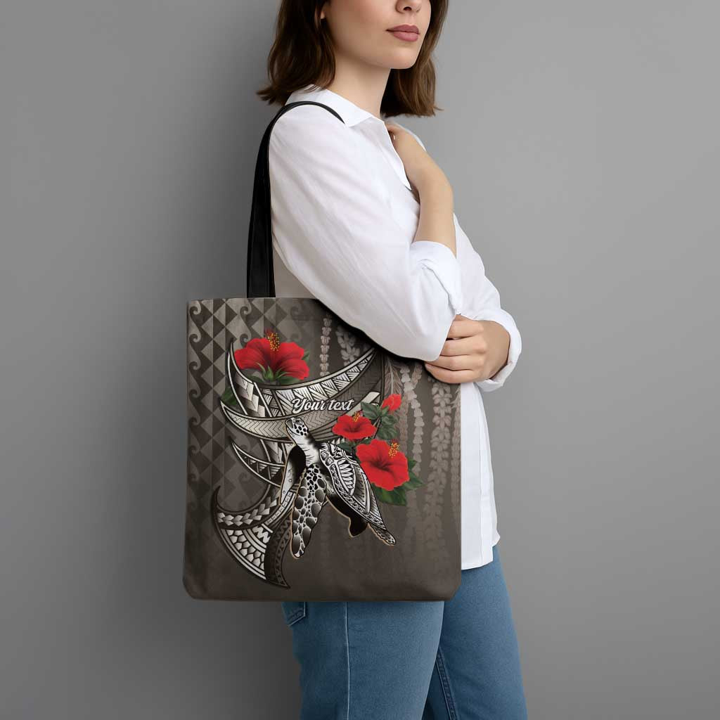 Hawaiian Honu Personalized Tote Bag Mocha Mousse Hibiscus Tribal Hook Pattern LT9 - Polynesian Pride