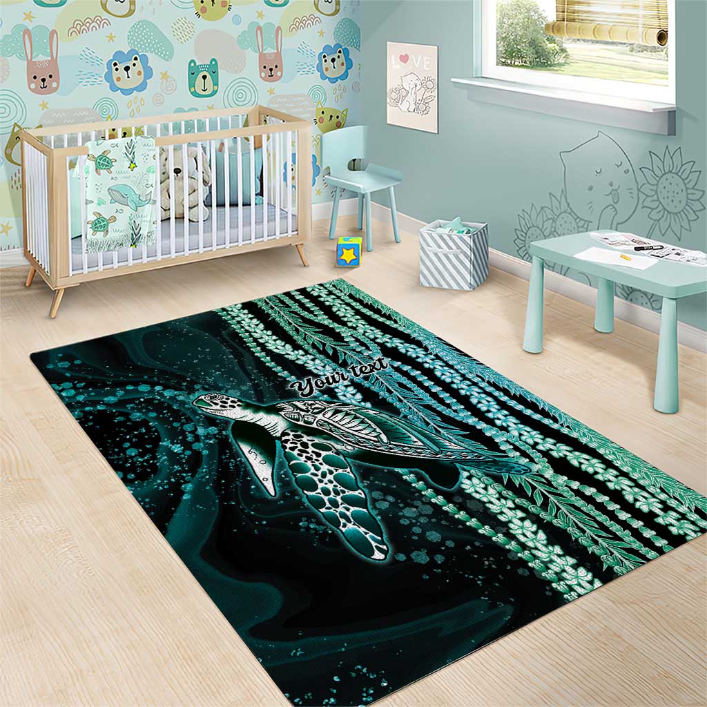 Hawaiian Honu Personalized Area Rug Dark Cyan Maile Pikake Flower Lei Inspired