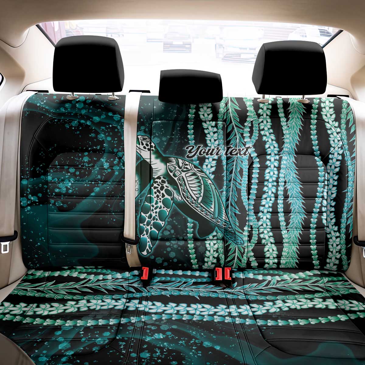 Hawaiian Honu Personalized Back Car Seat Cover Dark Cyan Maile Pikake Flower Lei Inspired