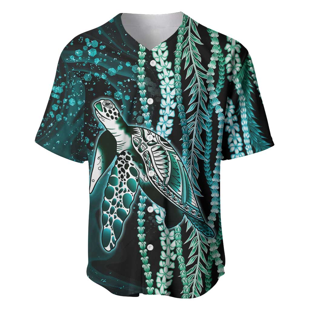 Hawaiian Honu Personalized Baseball Jersey Dark Cyan Maile Pikake Flower Lei Inspired