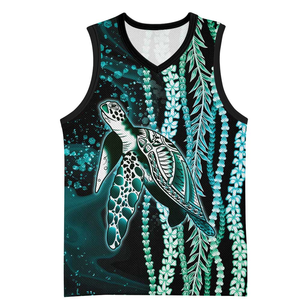Hawaiian Honu Personalized Basketball Jersey Dark Cyan Maile Pikake Flower Lei Inspired LT9 Unisex Cyan - Polynesian Pride