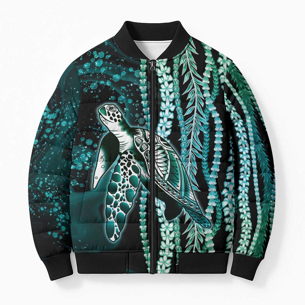 Hawaiian Honu Personalized Bomber Puffer Jacket Dark Cyan Maile Pikake Flower Lei Inspired LT9 Unisex Cyan - Polynesian Pride