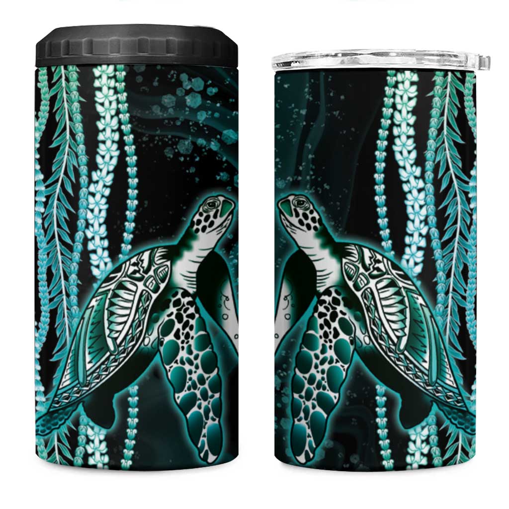 Hawaiian Honu Personalized 4 in 1 Can Cooler Tumbler Dark Cyan Maile Pikake Flower Lei Inspired LT9 One Size: 16 oz Cyan - Polynesian Pride