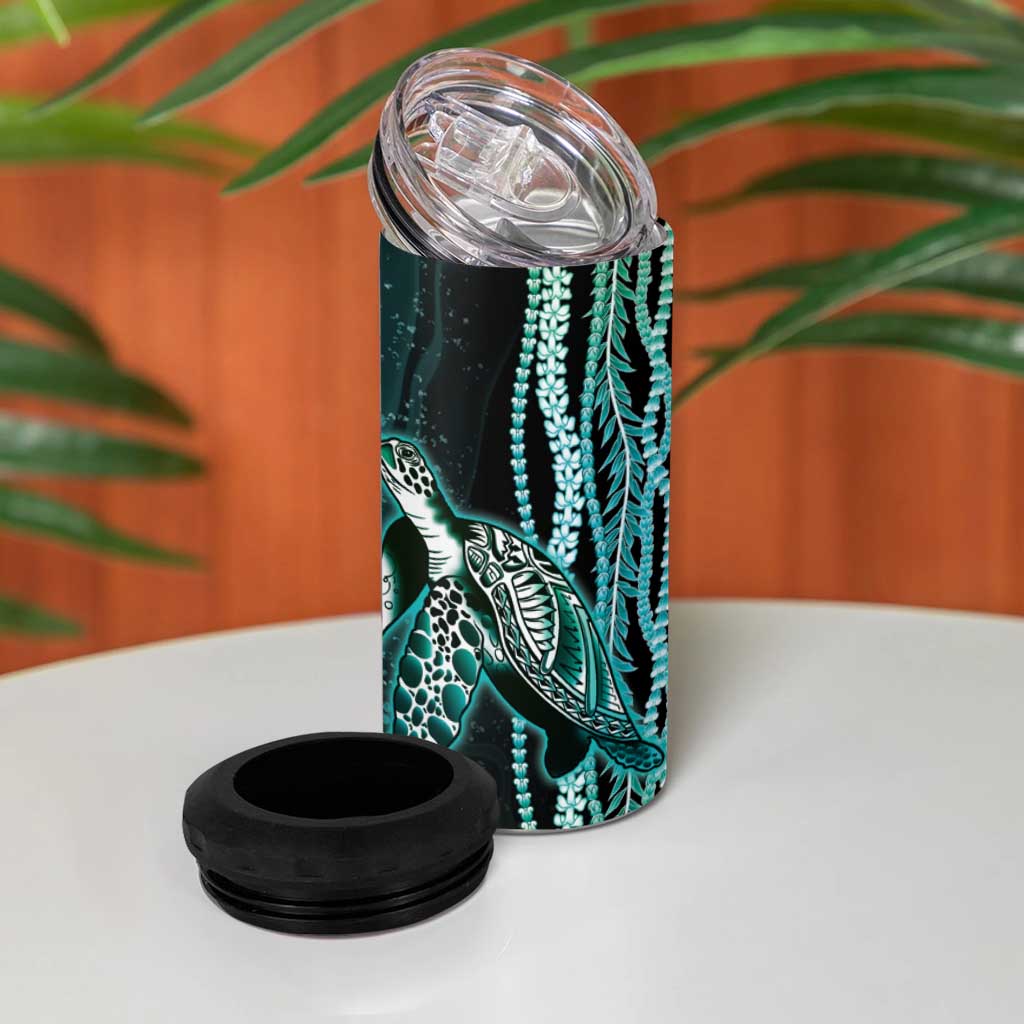 Hawaiian Honu Personalized 4 in 1 Can Cooler Tumbler Dark Cyan Maile Pikake Flower Lei Inspired LT9 - Polynesian Pride