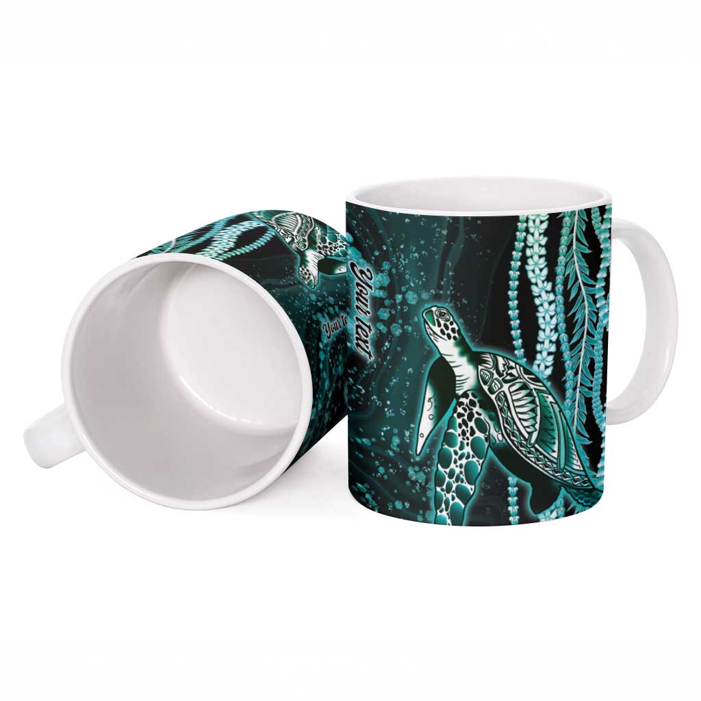 Hawaiian Honu Personalized Ceramic Mug Dark Cyan Maile Pikake Flower Lei Inspired