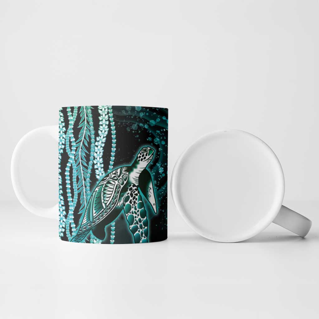 Hawaiian Honu Personalized Ceramic Mug Dark Cyan Maile Pikake Flower Lei Inspired