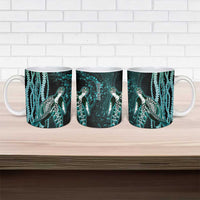 Hawaiian Honu Personalized Ceramic Mug Dark Cyan Maile Pikake Flower Lei Inspired
