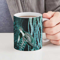 Hawaiian Honu Personalized Ceramic Mug Dark Cyan Maile Pikake Flower Lei Inspired