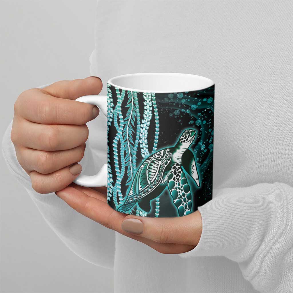 Hawaiian Honu Personalized Ceramic Mug Dark Cyan Maile Pikake Flower Lei Inspired