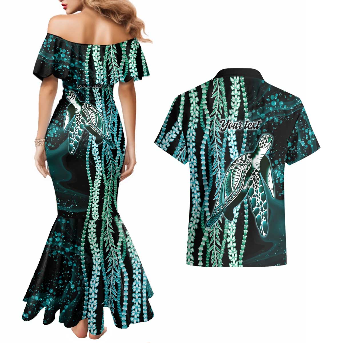 Hawaiian Honu Personalized Couples Matching Mermaid Dress and Hawaiian Shirt Dark Cyan Maile Pikake Flower Lei Inspired LT9 - Polynesian Pride