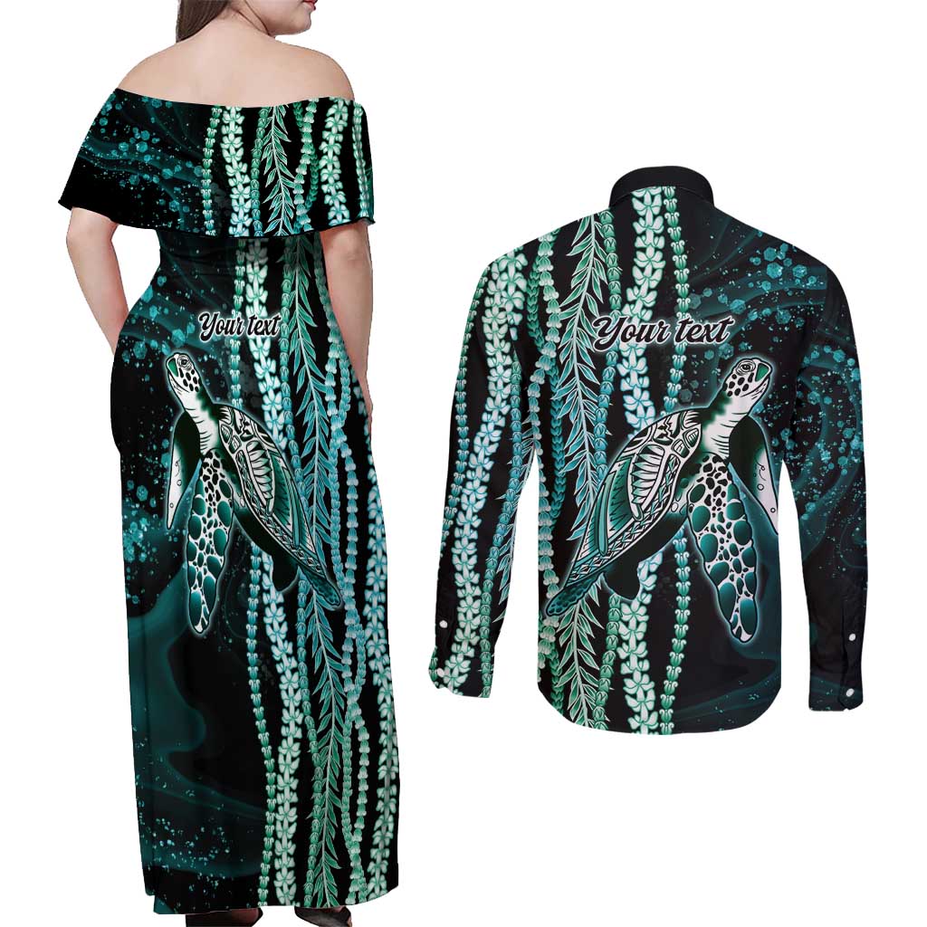 Hawaiian Honu Personalized Couples Matching Off Shoulder Maxi Dress and Long Sleeve Button Shirt Dark Cyan Maile Pikake Flower Lei Inspired LT9 - Polynesian Pride