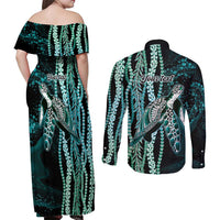 Hawaiian Honu Personalized Couples Matching Off Shoulder Maxi Dress and Long Sleeve Button Shirt Dark Cyan Maile Pikake Flower Lei Inspired LT9 - Polynesian Pride