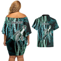 Hawaiian Honu Personalized Couples Matching Off Shoulder Short Dress and Hawaiian Shirt Dark Cyan Maile Pikake Flower Lei Inspired LT9 - Polynesian Pride