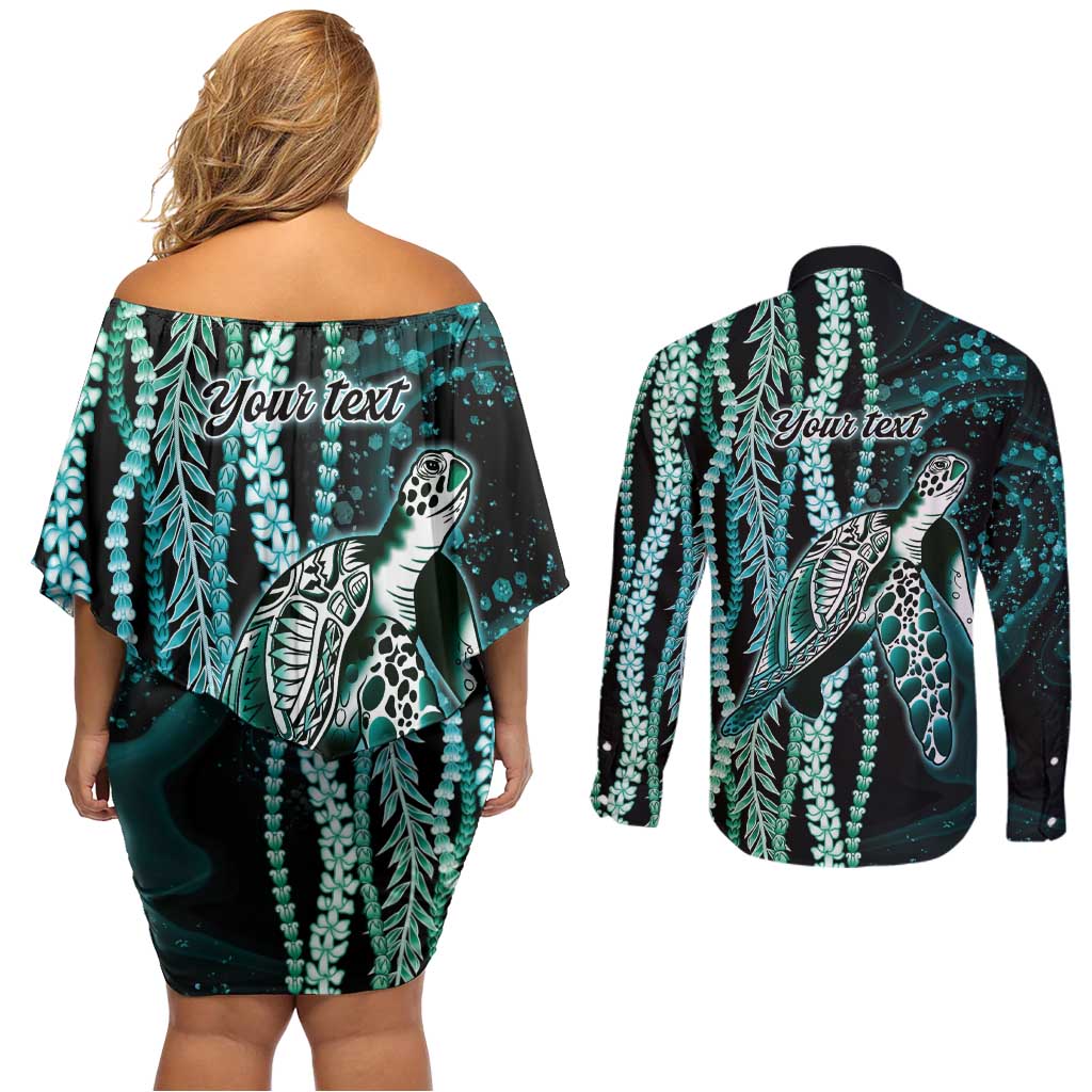 Hawaiian Honu Personalized Couples Matching Off Shoulder Short Dress and Long Sleeve Button Shirt Dark Cyan Maile Pikake Flower Lei Inspired LT9 - Polynesian Pride