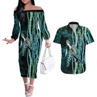Hawaiian Honu Personalized Couples Matching Off The Shoulder Long Sleeve Dress and Hawaiian Shirt Dark Cyan Maile Pikake Flower Lei Inspired