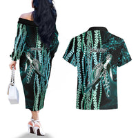 Hawaiian Honu Personalized Couples Matching Off The Shoulder Long Sleeve Dress and Hawaiian Shirt Dark Cyan Maile Pikake Flower Lei Inspired