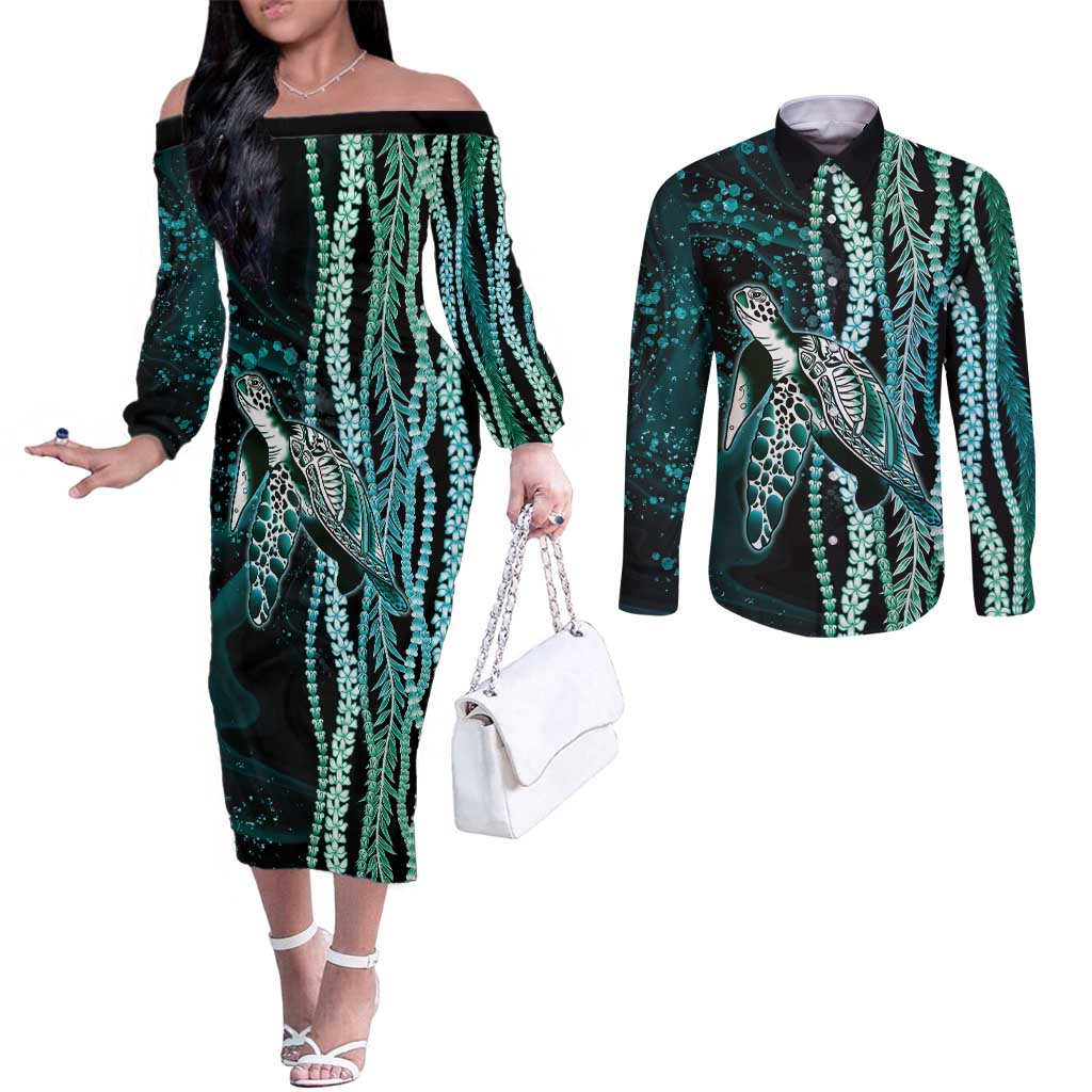 Hawaiian Honu Personalized Couples Matching Off The Shoulder Long Sleeve Dress and Long Sleeve Button Shirt Dark Cyan Maile Pikake Flower Lei Inspired LT9 Cyan - Polynesian Pride