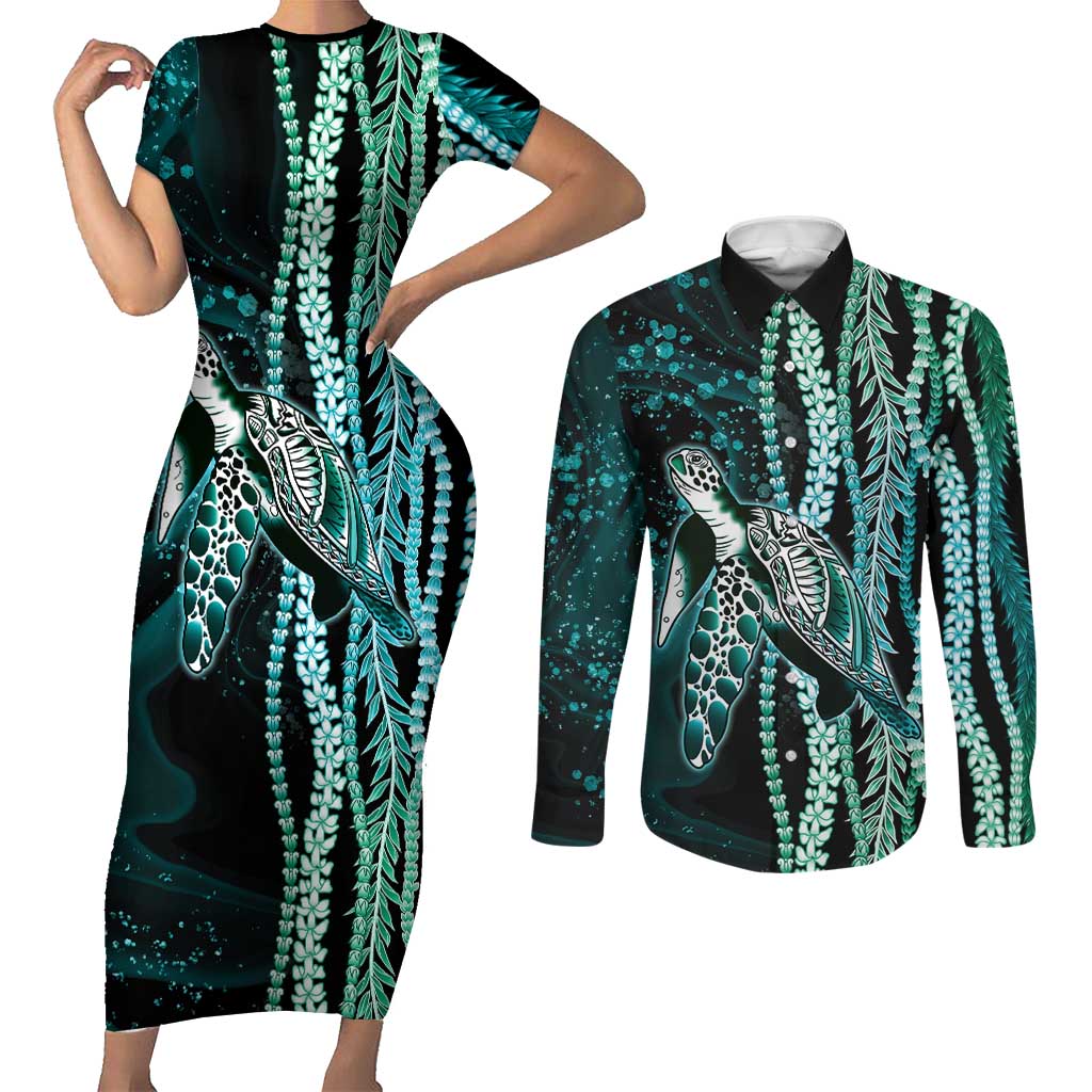 Hawaiian Honu Personalized Couples Matching Short Sleeve Bodycon Dress and Long Sleeve Button Shirt Dark Cyan Maile Pikake Flower Lei Inspired LT9 Cyan - Polynesian Pride