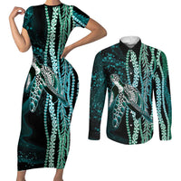 Hawaiian Honu Personalized Couples Matching Short Sleeve Bodycon Dress and Long Sleeve Button Shirt Dark Cyan Maile Pikake Flower Lei Inspired LT9 Cyan - Polynesian Pride