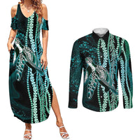 Hawaiian Honu Personalized Couples Matching Summer Maxi Dress and Long Sleeve Button Shirt Dark Cyan Maile Pikake Flower Lei Inspired LT9 Cyan - Polynesian Pride