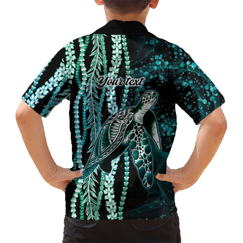 Hawaiian Honu Personalized Family Matching Off The Shoulder Long Sleeve Dress and Hawaiian Shirt Dark Cyan Maile Pikake Flower Lei Inspired LT9 - Polynesian Pride