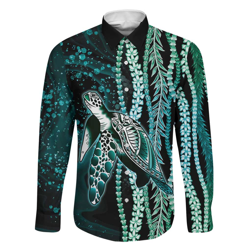 Hawaiian Honu Personalized Family Matching Off The Shoulder Long Sleeve Dress and Hawaiian Shirt Dark Cyan Maile Pikake Flower Lei Inspired LT9 Dad's Shirt - Long Sleeve Cyan - Polynesian Pride