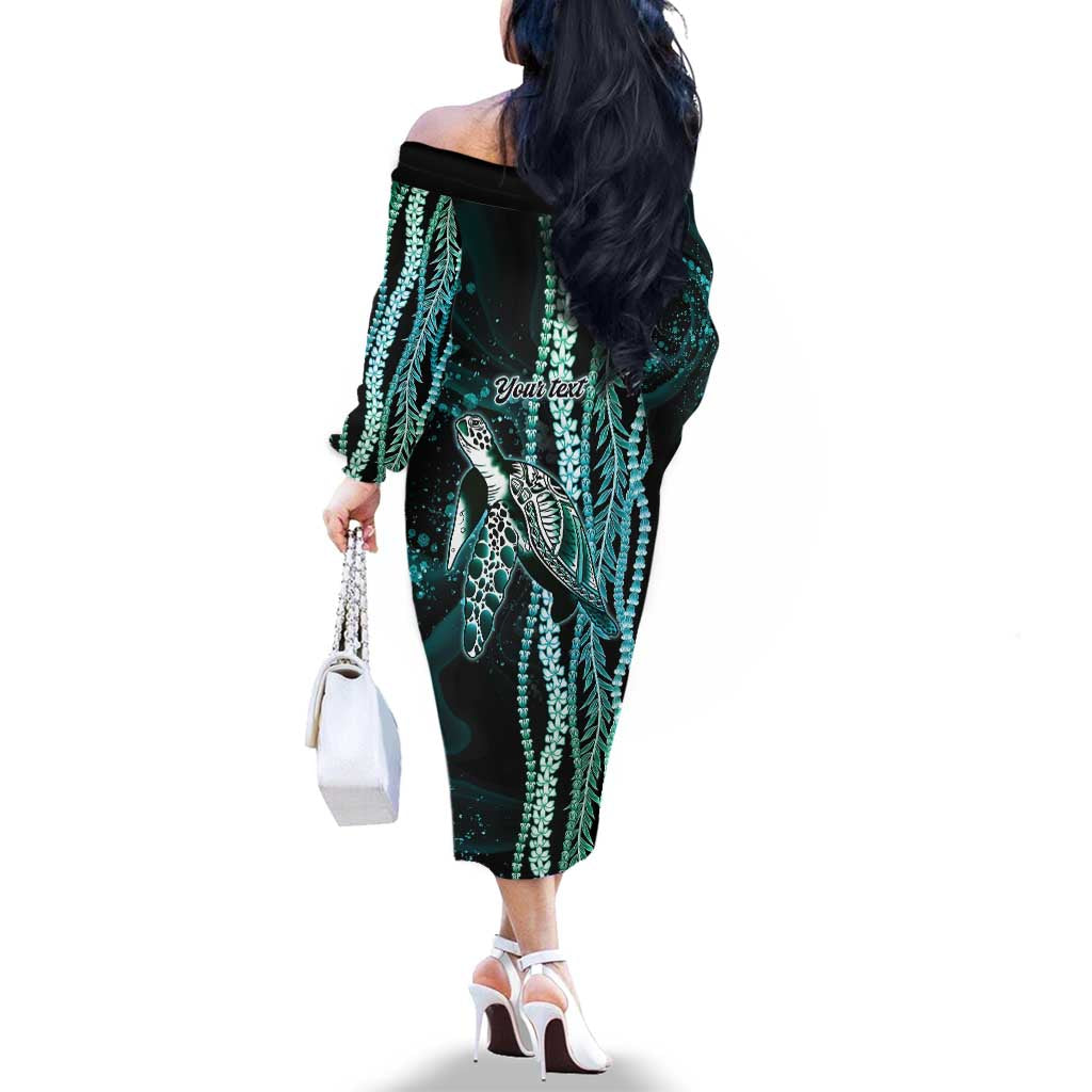 Hawaiian Honu Personalized Family Matching Off The Shoulder Long Sleeve Dress and Hawaiian Shirt Dark Cyan Maile Pikake Flower Lei Inspired LT9 - Polynesian Pride
