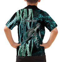 Hawaiian Honu Personalized Family Matching Off Shoulder Maxi Dress and Hawaiian Shirt Dark Cyan Maile Pikake Flower Lei Inspired
