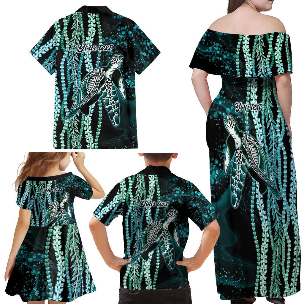 Hawaiian Honu Personalized Family Matching Off Shoulder Maxi Dress and Hawaiian Shirt Dark Cyan Maile Pikake Flower Lei Inspired