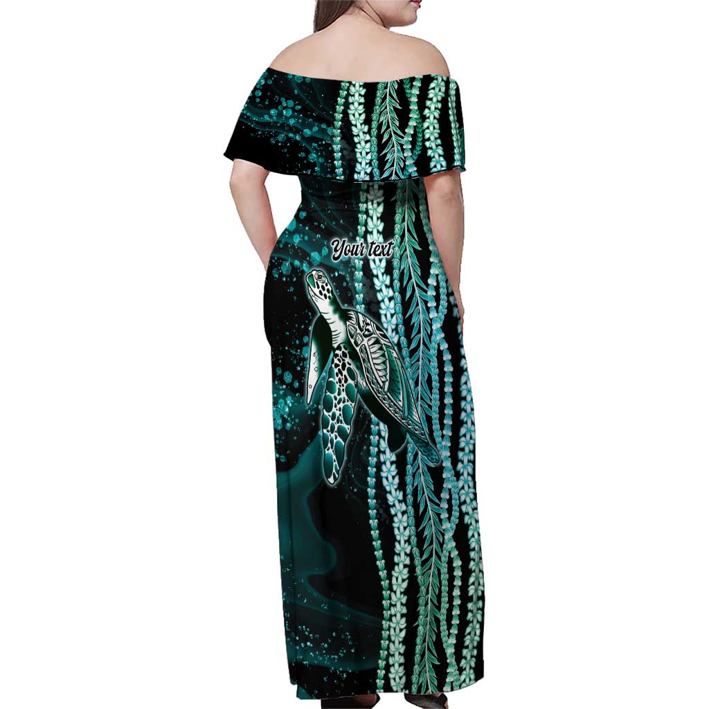 Hawaiian Honu Personalized Family Matching Off Shoulder Maxi Dress and Hawaiian Shirt Dark Cyan Maile Pikake Flower Lei Inspired