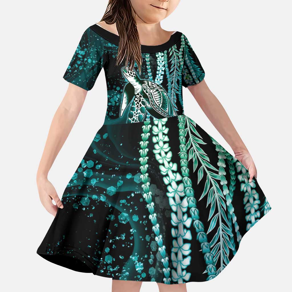 Hawaiian Honu Personalized Family Matching Off Shoulder Short Dress and Hawaiian Shirt Dark Cyan Maile Pikake Flower Lei Inspired LT9 Daughter's Dress Cyan - Polynesian Pride