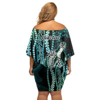 Hawaiian Honu Personalized Family Matching Off Shoulder Short Dress and Hawaiian Shirt Dark Cyan Maile Pikake Flower Lei Inspired LT9 - Polynesian Pride