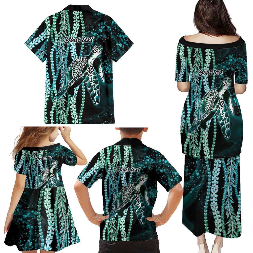 Hawaiian Honu Personalized Family Matching Puletasi and Hawaiian Shirt Dark Cyan Maile Pikake Flower Lei Inspired