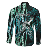 Hawaiian Honu Personalized Family Matching Puletasi and Hawaiian Shirt Dark Cyan Maile Pikake Flower Lei Inspired