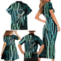 Hawaiian Honu Personalized Family Matching Short Sleeve Bodycon Dress and Hawaiian Shirt Dark Cyan Maile Pikake Flower Lei Inspired LT9 - Polynesian Pride