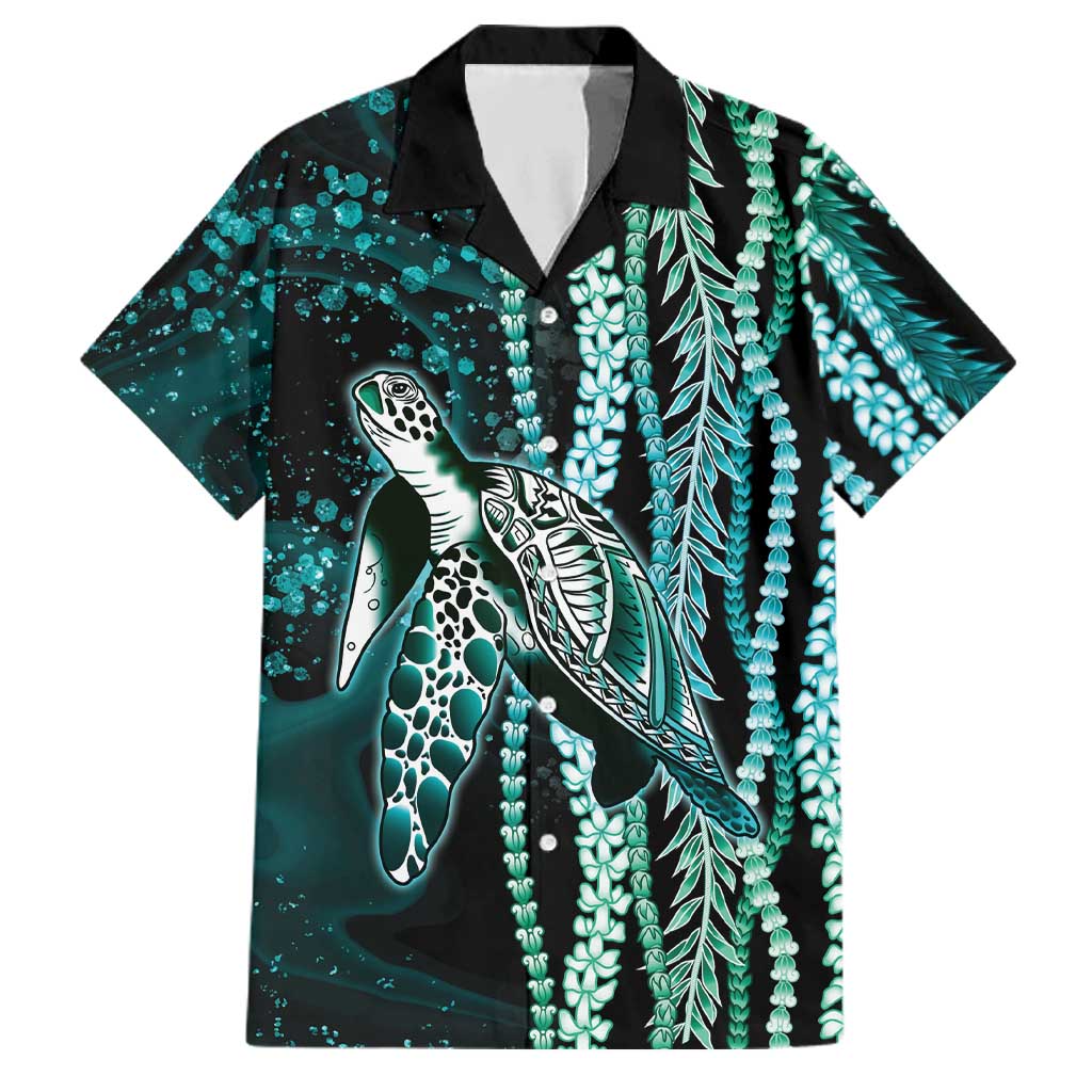 Hawaiian Honu Personalized Family Matching Short Sleeve Bodycon Dress and Hawaiian Shirt Dark Cyan Maile Pikake Flower Lei Inspired LT9 Dad's Shirt - Short Sleeve Cyan - Polynesian Pride